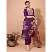 Indian Women Art Silk Kurta Pant Dupatta Set Bollywood Party Wear Tunic Kurti VF-20147 M-38