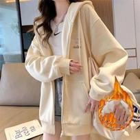 Women's Fleece Lined Zip Up Hoodie Cartoon Embroidery Casual Oversized Jacket L