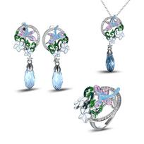 Women European American Engagement Jewelry Set Dragonfly Pendant Zircon Enamel Resin Flower Ring Earrings Necklace 7 gray