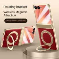 For Samsung Galaxy Z Flip 7 Leather 360° Swivel Bracket Magnetic Tempered Glass Front Membrane Anti-Drop Fingerprint Phone Case For Galaxy Z Flip 7