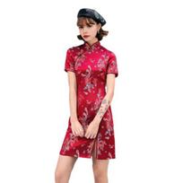 Moteriškas vasarinis čiongsamas su stovinčia apykakle, drakono ir fenikso raštu, skeltu kraštu, qipao, prigludęs, retro kiniško stiliaus, virš kelio ilgio, vestuvėms, vakarėliui, kokteilinei suknelei M vyno raudonos spalvos