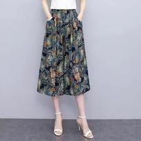 Summer Wide Leg Pants Women Ethnic Style Elastic High Waist Print Pants Female Casual Summer Calf-Length Pants Skirts XL