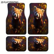 4pcs Brown Base Lively Panda Pattern Printed Car Floor Mats, Universal Polyester Material, All-Season All-Weather Interior Prote