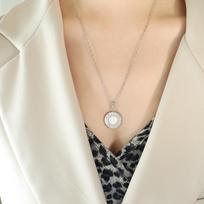 Chic White Mother-of-Pearl & Black Cat's Eye Letter Pendant Necklace in Gold-Plated Titanium Steel