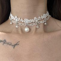 Sweet Rose Flower Edge Embroidery Choker Necklaces for Women Ladies Retro Imitation Pearl Pendant Necklaces Jewelry Accessories