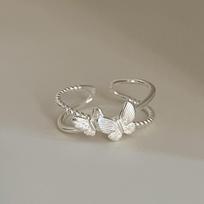 Simple Tibetan Silver Butterfly Ring Adjustable Finger Matte Light Geometric Ring 3D Opening Wide Ring Women