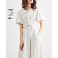 Demana Cloud Breath Fine Striped V-Neck Midi Dress M