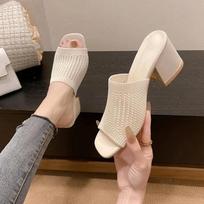 Mada 2024 Megztos Aukštakulnės Šlepetės Moteriški Batai Vasarinės Atvirais Pirštais Suknelės Sandalai Madingos Paplūdimio Stambios Basutės Zapatos Femme Aukštakulniai 35 balta