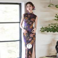 Elegant Hong Kong Style Shanghai Lady Long Qipao Dress Breathable Floral Print Low Slit Sleeveless Vintage Chinese Fashion 3xl