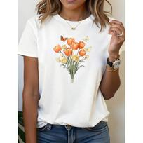 Plus Size - Plus Size - Tulip Bouquet Graphic Print Plus Size Women'S T-Shirt, Short Sleeve Crew Neck Casual Top for Summer And Spring S