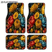 4pcs Black Background Lively Panda Group Pattern Printed Car Floor Mats, Universal Material All-Season Weatherproof Vehicle Inte