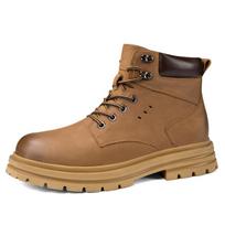Men's 2022 Autumn/Winter Fleece-Lined Lace-up Retro Cowhide Work Boots in Yellow 38