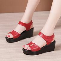 6cm Big Small Size 32-43 Breathable Comfortable Med Heels Soft Leather Shoes 2025 Summer Thick Platform Wedges Sandals Mom Beach 32