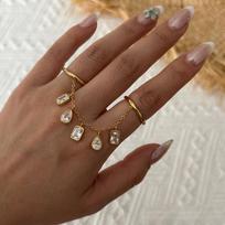 Dainty Gold Tone Chain Link Ring for Women Stainless Steel Double Finger CZ Teardrop Baguette Charm Statement Jewelry Gift