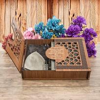 Quran, Prayer Rug, Skullcap, Tasbih and Essence Islamic Gift Set in Personalized Wooden Box | Islamic Gift Box | Islamic Home Gift