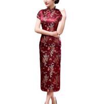 Stilius gėlių siuvinėjimas Stovas apykaklė trumpomis rankovėmis aukštomis šonomis suskilusiomis kiniškomis mazgomis sagos Cheongsam satin silky Slim L