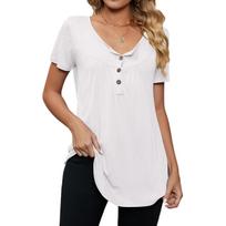 Womens Casual Short Sleeve Loose Blouse Solid Color Button Pleated Tunic Tops Blusas Female Pullover Blouses Tops Summer Clothes XXL balta