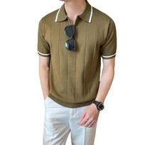 Yousheng Men Summer Shirt Thin Knitted Short Sleeve Zippered Lapel Top Stretchy Hem Striped Solid Color Loose Shirt for Commuting Travel Outdoor XXXL