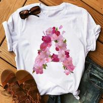 Letters 3D Printing T-Shirt Alphabet with Pink Flower Harajuku White Graphic Tee Casual Short Sleeve Lady Y2k Tops Women's Clothing S