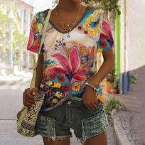 Camiseta De Mujer Con Pintura Al Óleo Abstracta, Estampado Floral, Moda De Ocio, Vacaciones, Ropa De Verano De Manga Corta De Gran Tamaño Para Mujer S