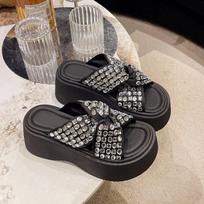 Fashion Comemore Platform Slippers Women Summer Shoes Fashionable Sequins Glitter Thick Sole Wedge Sandals Casual Outside Heels Slides 35