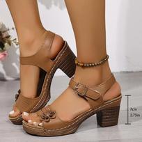 Vintage Flower Ankle Strap Sandals Women Comfortable Thick Heels Plus Size Shoes Woman Lightweight High Heeled Mother Sandalias 36
