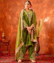 Moterų Bollywood aksominis salwar kostiumas, siuvinėtas paruoštas suknelės komplektas su dupatta, tradicinis indų aprangos palazzo rinkinys M žalia