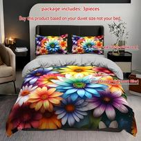 3pcs Vibrant Rainbow Floral Bedding Duvet Cover Set Daisy Flower Bedding Quilt Set Floral Themed Bed Set Summer Blooming Flowers Duvet Cover Set&EU Single(135x200cm)