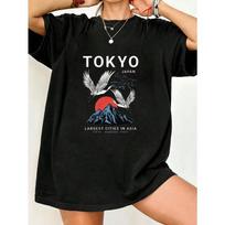 Oversized T Shirt Black Tokyo Japan Mount Fuji Cranes Print Largest Cities In Asia Graphic Tee For Casual Wear Travel And Daily Outfits S