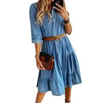Womens Fashion Collared Swing Sundress Buttons Denim Shirt Dress M