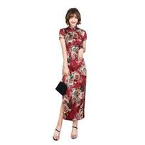 Moterims Cheongsam Gėlių Rašto Slim Trumpomis Rankovėmis Skeltas Midi Suknelė vakarėliui M