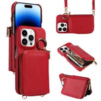 Newly Designed Deluxe Zipper Card Case for IPhone16promax 15 14 PU Leather Phone Case with Crossbody Lanyard Wallet Function For iPhone 16 Pro&Artificial leather&Case & Strap