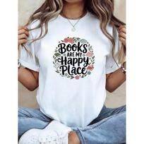 Plus Size, Books Are My Happy Place Women's Plus Size T-Shirt - Vintage Book Lover Top with Short Sleeve Crew Neck, Casual Blouse Suitable S