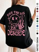 Unisex cartoon letter print drop-shoulder T-shirt, unisex fashionable casual crew neck T-shirt. M