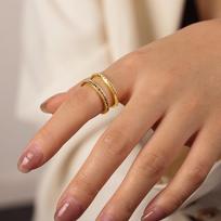 Elegant Double Layer Rhinestone Finger Ring, 18k Gold-Plated Adjustable Open Design, Fashionable Retro Jewelry for Women Size 7