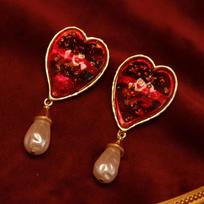 Retro Hong Kong Style Red Heart Earrings with Glazed Resin, Glitter, and Pearl Inlay