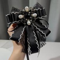 Vintage Black Pearl Rhinestone Bow Tie Shirt Collar Pins for Women with Lace Long Ribbon Elegant Jewelry Accessory