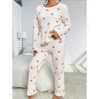 New Autumn Winter Women Coral Fleece Pajama Set, Cherry Printed Fleece Lined Warm Round Neck Loungewear S