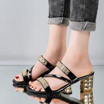 Women's Plus Size Rhinestone Chunky Heel Peep-toe Slides - European American Style EU 36
