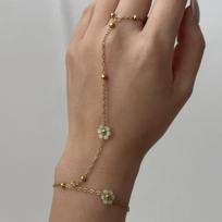 Minimalist Crystal Flower Stainless Steel Finger Chain Bracelet Dainty Gold Tone Ring to Wrist Jewelry for Women Sparkly