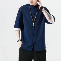 Summer Online Chinese Stand Up Collar Kimono Samurai Wear Colour Blocking Hanbok T-shirt Coat S tamsiai mėlyna spalva