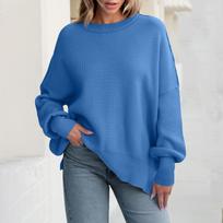 Winter New Loose Women's Pullover Knitted Cardigan Long Sleeve Slit Round Neck Sweater Women L mėlyna