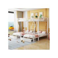 Triple dviaukštė lova - MUVOE - Konvertuojama 140x200 ir 90x200 - Su stalčiais - Balta metalinė - 3 vietos balta
