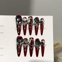 Handmade Red Press on Nails With Rhinestones Long Stiletto Fake Nails Reusable Acrylic False Nail Full Cover Glue on Nail Stick on Nail for Women S black
