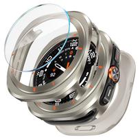 Metalinis dėklas+Grūdinto stiklo plėvelė, skirta Samsung Galaxy Watch Ultra 2024/2025 47mm, Kietas apsauginis dangtelis Galaxy Watch Ultra priedams Ultra 47mm 2025/2024 šviesiai pilka spalva/oranžinė
