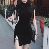 Women's Gothic Punk Color Chinese Cheongsam Dress Retro Slit Tie Dress S