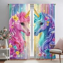 Set Of 2 Unicorn Dreams Door Curtains Vibrant Floral Design Semi Translucent Polyester Bedroom Living Room Decor Curtain With Rod Pocket Ideal For W100*H70(CM)-Grommet top&2PCS