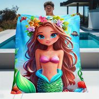 Mermaid Princess Ocean Fish Flowers Fleece Blanket Cartoon Sea Life Design Soft Throw Beach Pool Party Gift for Girls 75cm x 90cm