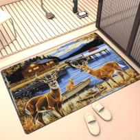 Wild Deer Lake Cabin Scene Crystal Velvet Rug Nature Landscape Living Room Floor Mat Hunting Theme Carpet 50x 80cm