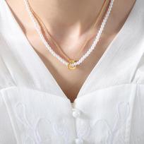 Hong Kong Style Retro Beaded Pendant Necklace in 18K Gold Titanium Steel